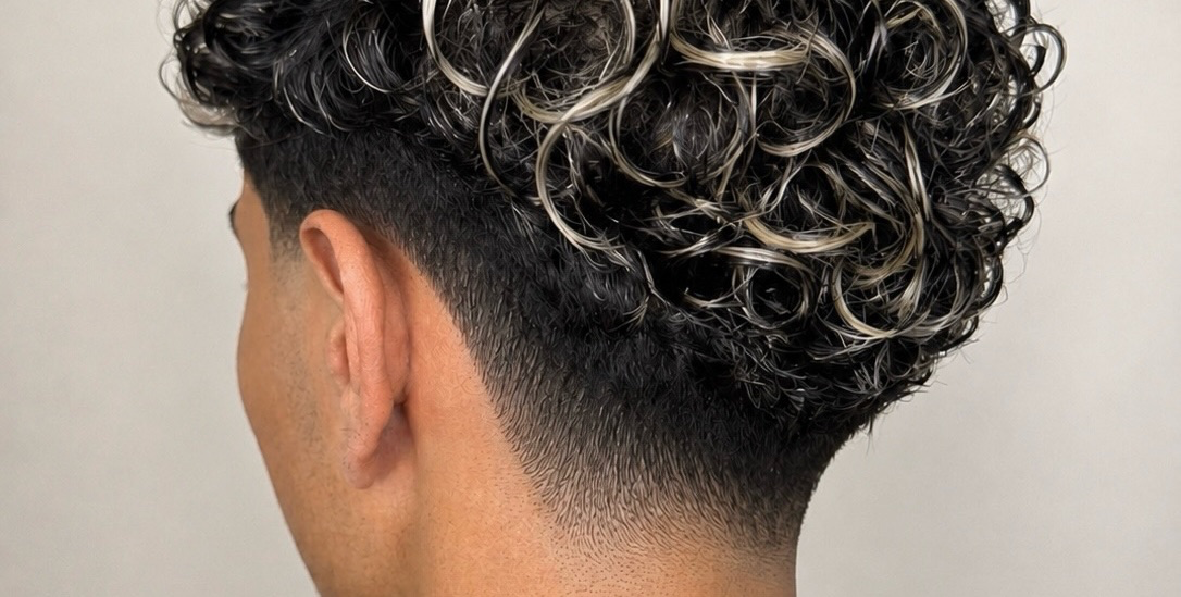 Curly herencoupe met blonde highlights en strakke taper fade